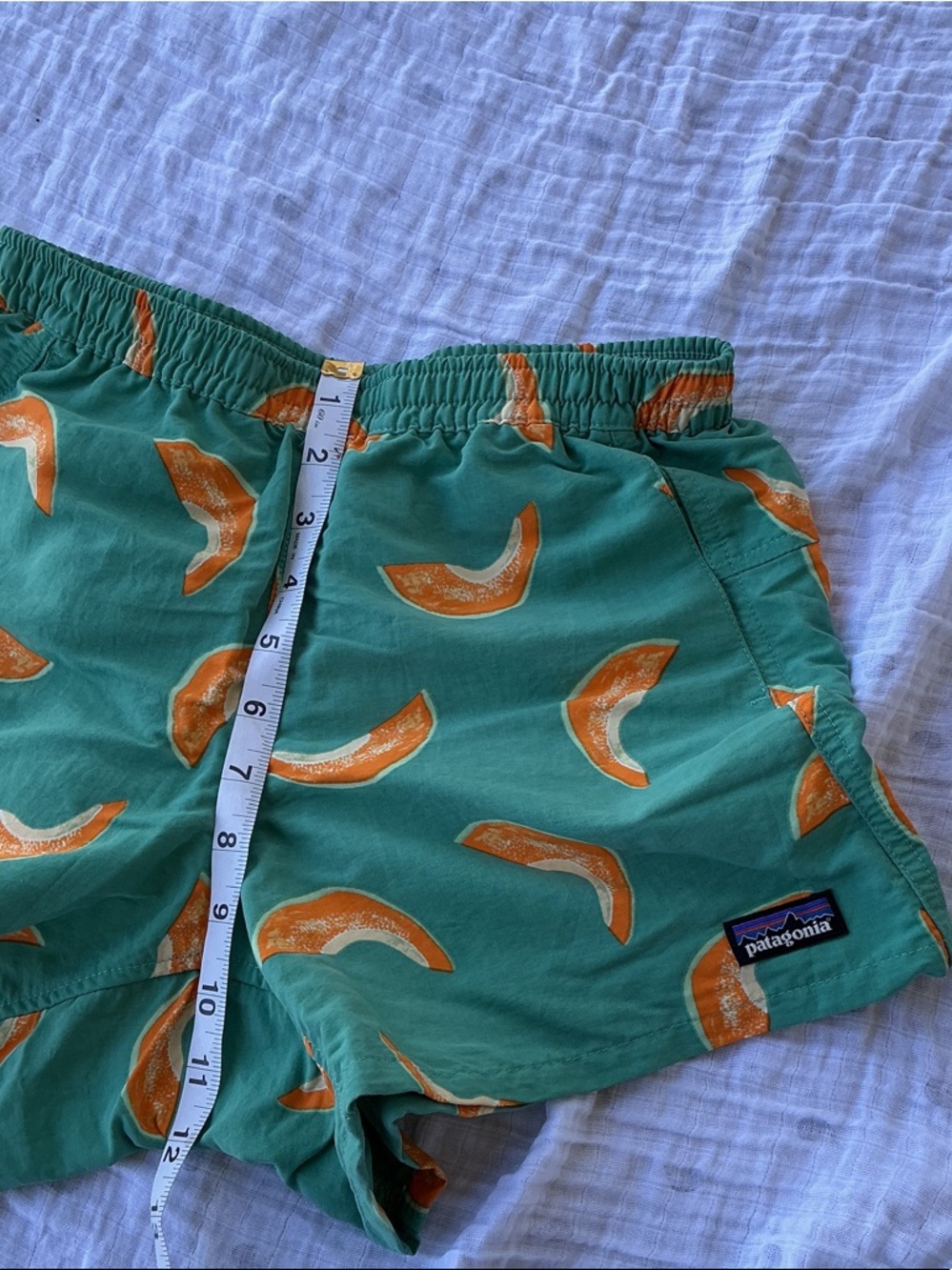 Patagonia Teal Swim Shorts with Orange Melon Print
